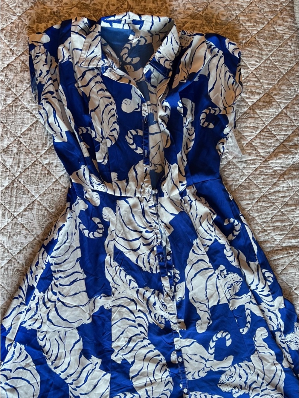 Blue and White Tiger Print Button-Front Women’s Dress